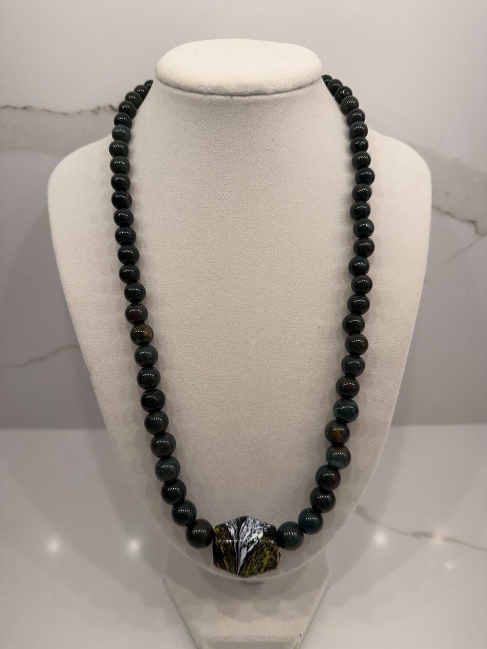 Dark Green Bloodstone Look Beaded Necklace Art Glass Focal Bead Statement